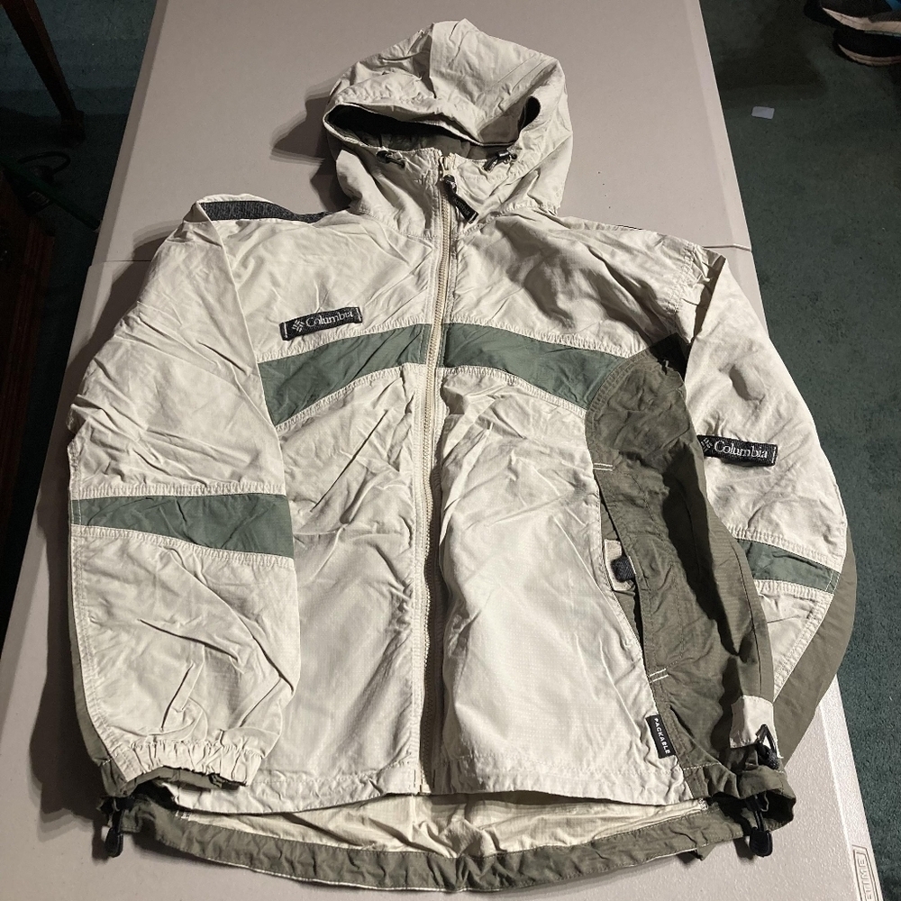 Columbia Olive Green Cream Hooded Vented Jacket Windbreaker Women's Large L EUC